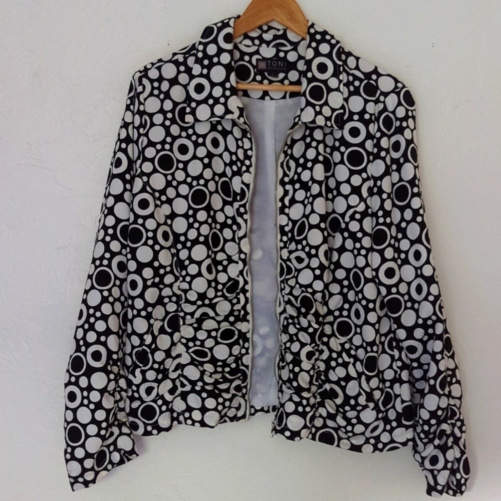 Toni Morgan Lined Black and White Polka Dot Bomber Style Jacket Size Large